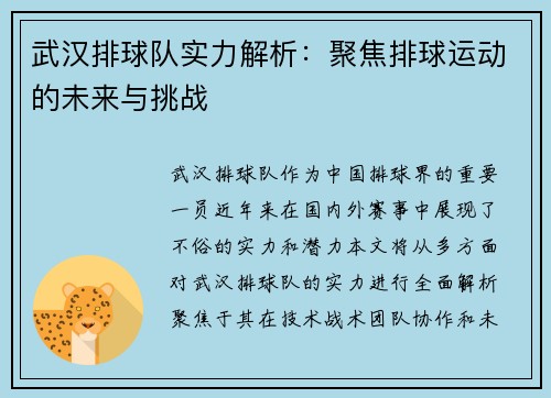 武汉排球队实力解析：聚焦排球运动的未来与挑战