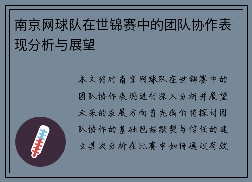 南京网球队在世锦赛中的团队协作表现分析与展望