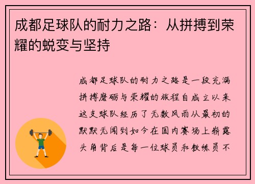 成都足球队的耐力之路：从拼搏到荣耀的蜕变与坚持
