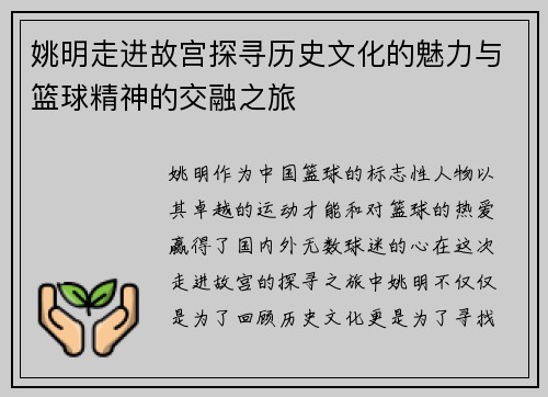 姚明走进故宫探寻历史文化的魅力与篮球精神的交融之旅