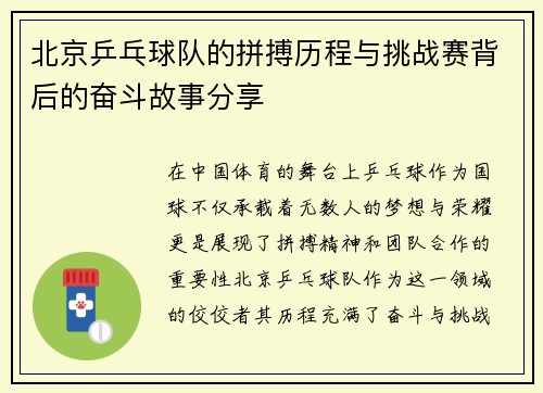 北京乒乓球队的拼搏历程与挑战赛背后的奋斗故事分享